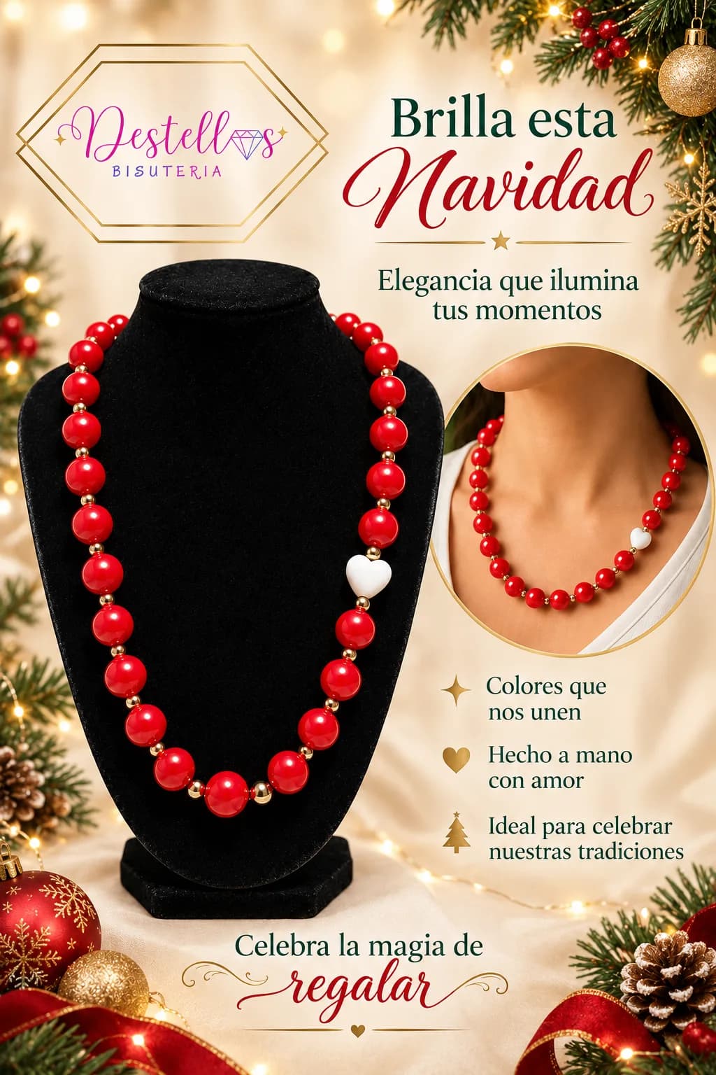 Collar en color rojo combinado con blanco y dorado